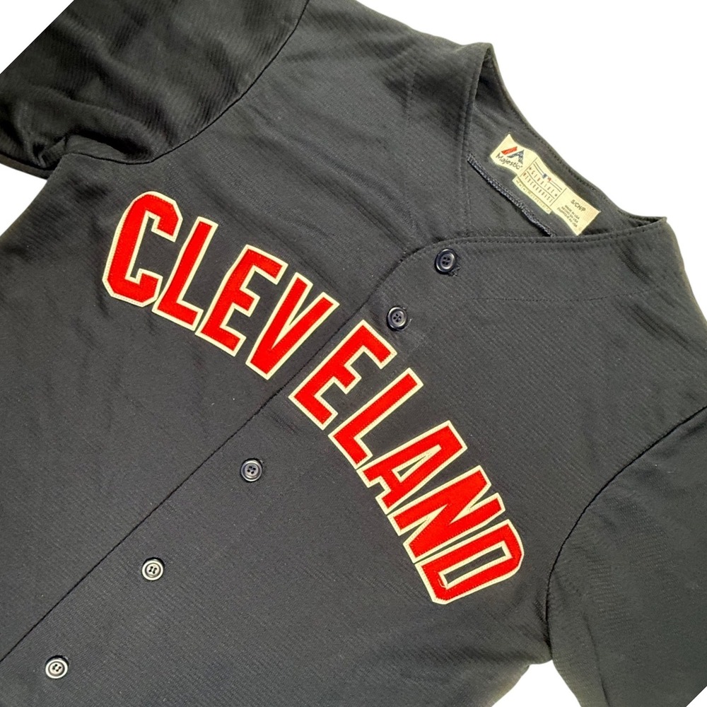 Majestic Cleveland Baseball Jersey Mens Small Navy Blue Cool Base MLB USA Made